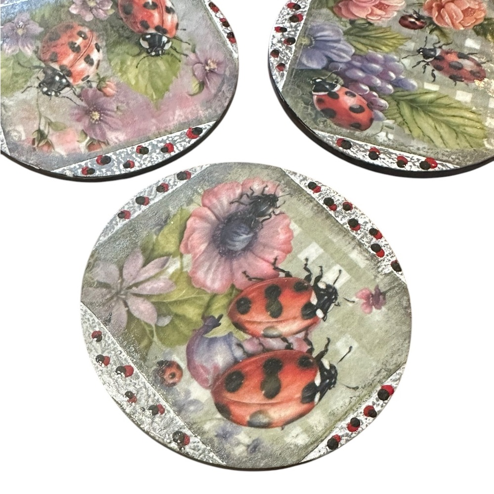Hand Crafted Floral Ladybug Decorative coasters set of 3